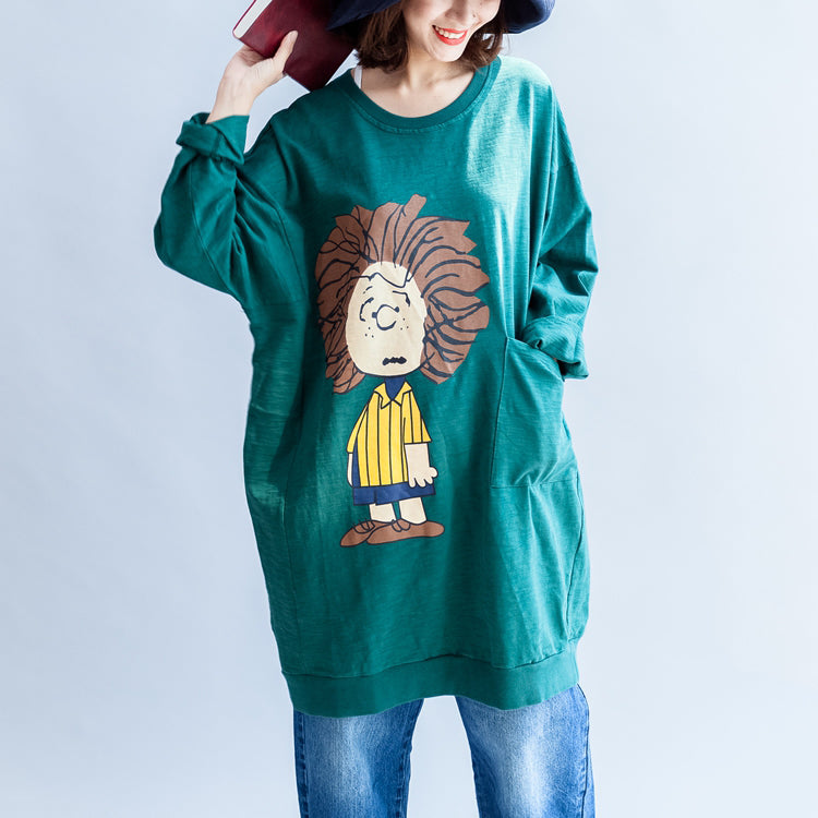 Grün bedrucktes Oversize-Sweatkleid aus Baumwolle mit Etuikleid