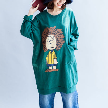 Grün bedrucktes Oversize-Sweatkleid aus Baumwolle mit Etuikleid
