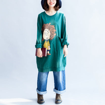 Grün bedrucktes Oversize-Sweatkleid aus Baumwolle mit Etuikleid