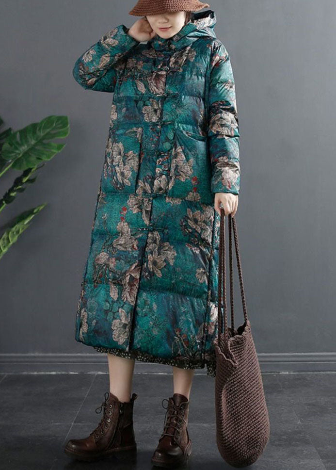 Grüner seitlich offener Entendaunen-Daunenmantel Winter