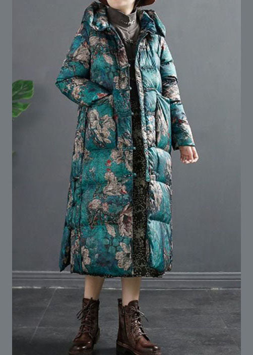 Grüner seitlich offener Entendaunen-Daunenmantel Winter