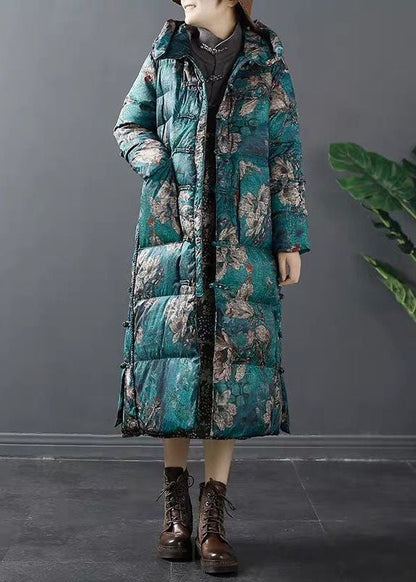 Grüner seitlich offener Entendaunen-Daunenmantel Winter