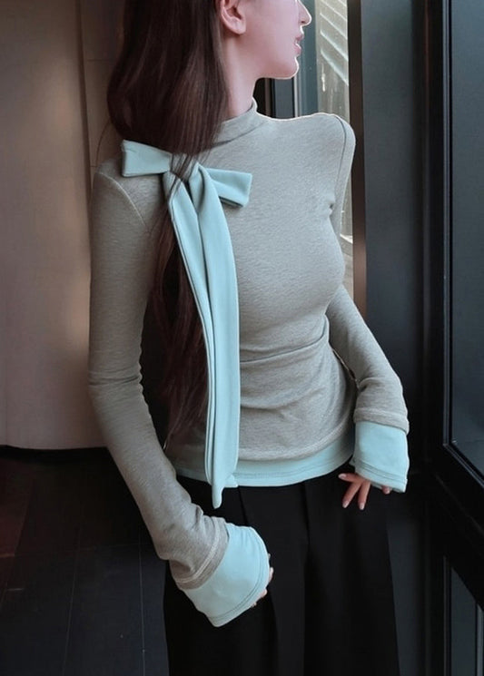 Grey Bow Patchwork Slim Fit Cotton T Shirts Spring