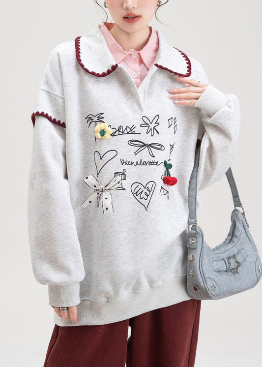 Sudadera de algodón con cuello Peter Pan y estampado de lazo gris para primavera