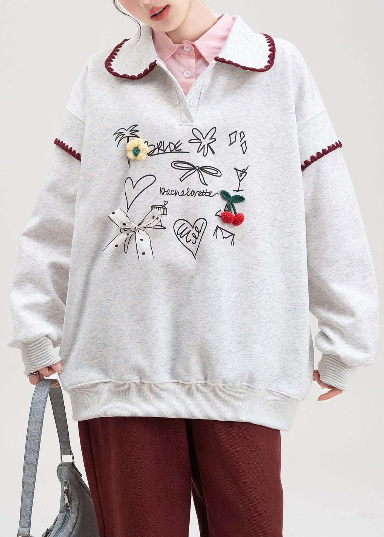 Sudadera de algodón con cuello Peter Pan y estampado de lazo gris para primavera