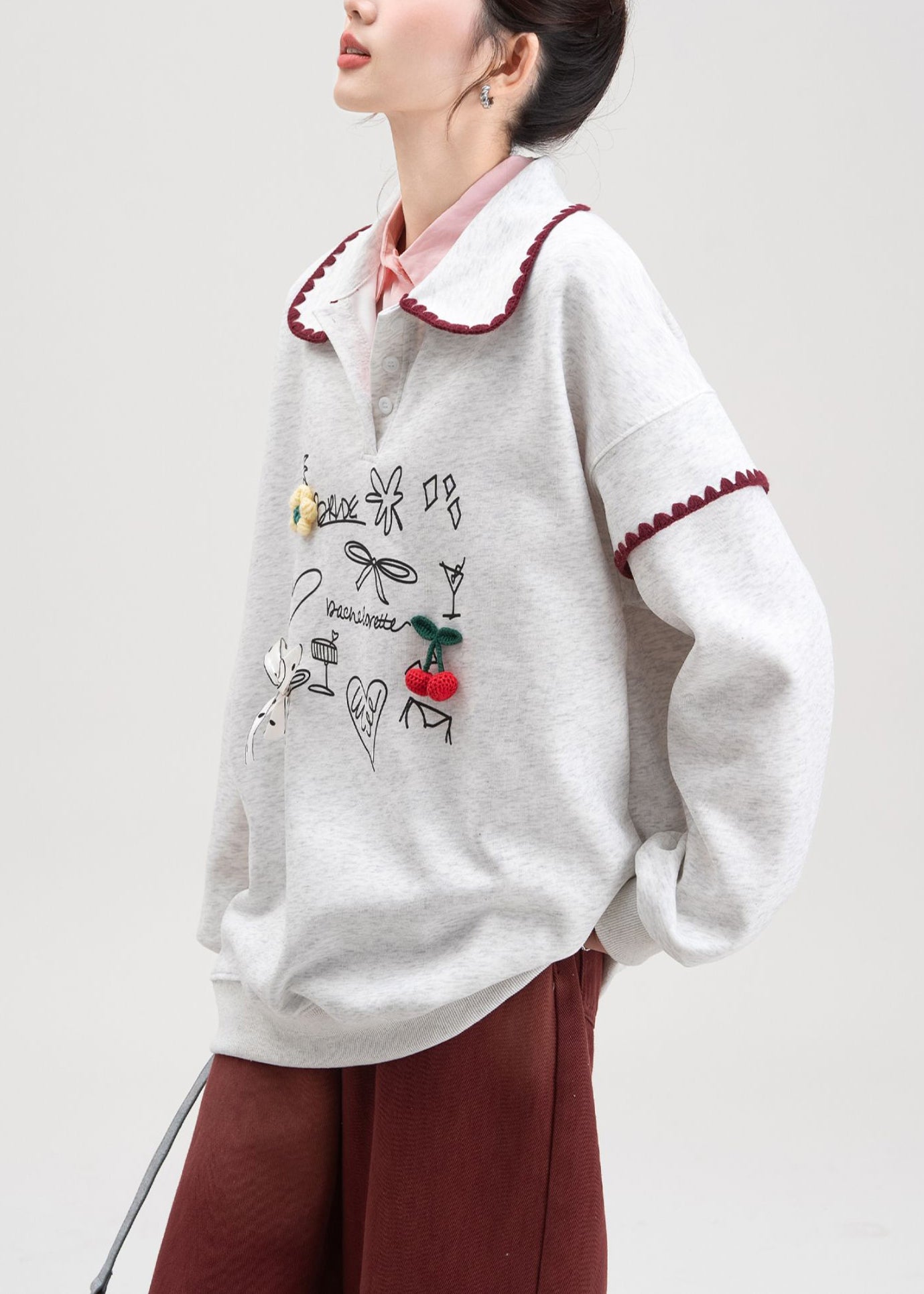 Sudadera de algodón con cuello Peter Pan y estampado de lazo gris para primavera