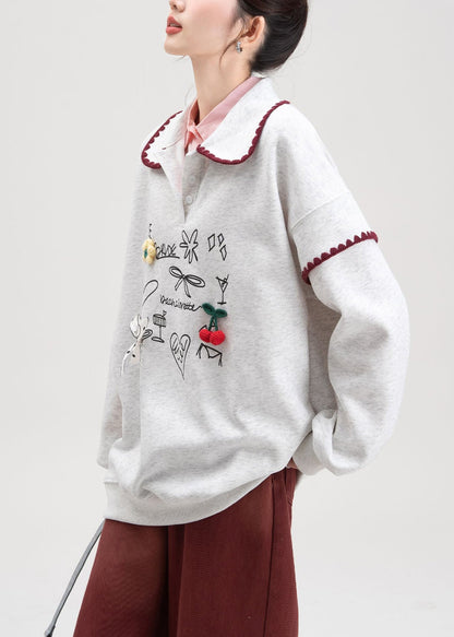 Sudadera de algodón con cuello Peter Pan y estampado de lazo gris para primavera