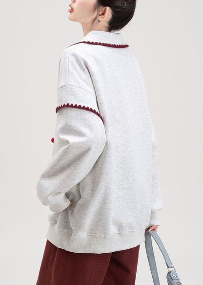 Sudadera de algodón con cuello Peter Pan y estampado de lazo gris para primavera