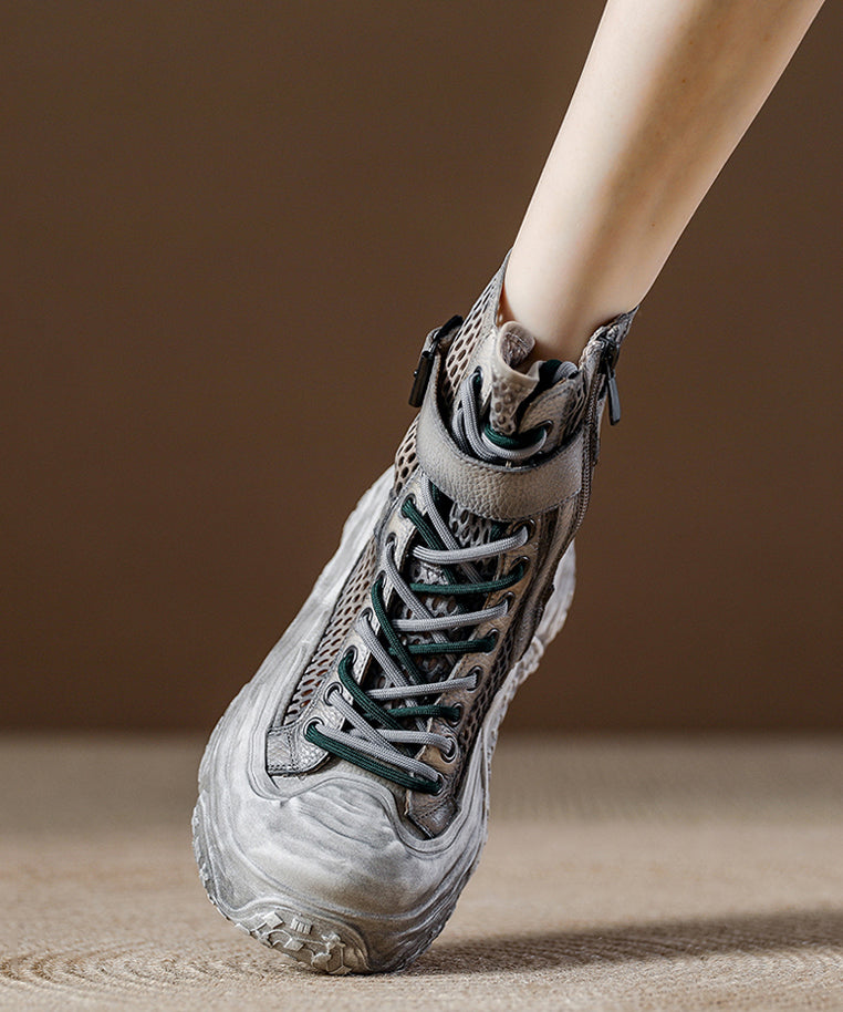 Graue, atmungsaktive Schnür-Plateau-Stiefel mit Mesh-Einsätzen und Schnürung