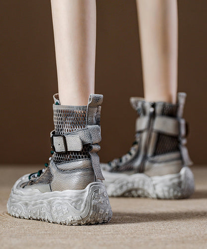 Graue, atmungsaktive Schnür-Plateau-Stiefel mit Mesh-Einsätzen und Schnürung