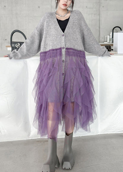 Grey Button Cotton Knit Long Sweater Dress V Neck Fall