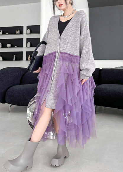 Grey Button Cotton Knit Long Sweater Dress V Neck Fall