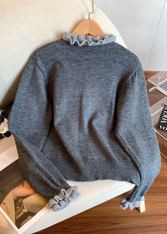 Grey Button Cozy Patchwork Knit Winter Coats Ruffled