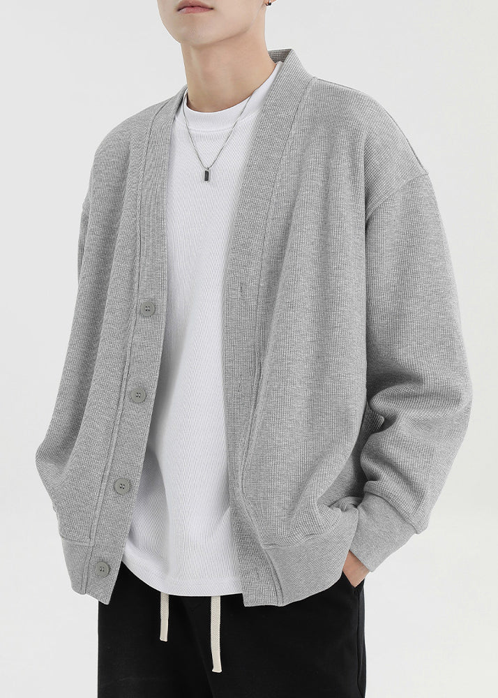 Grey Button Oversized Cotton Cardigan Men Casual Clothing V Neck