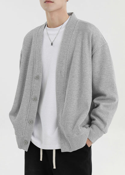 Grey Button Oversized Cotton Cardigan Men Casual Clothing V Neck