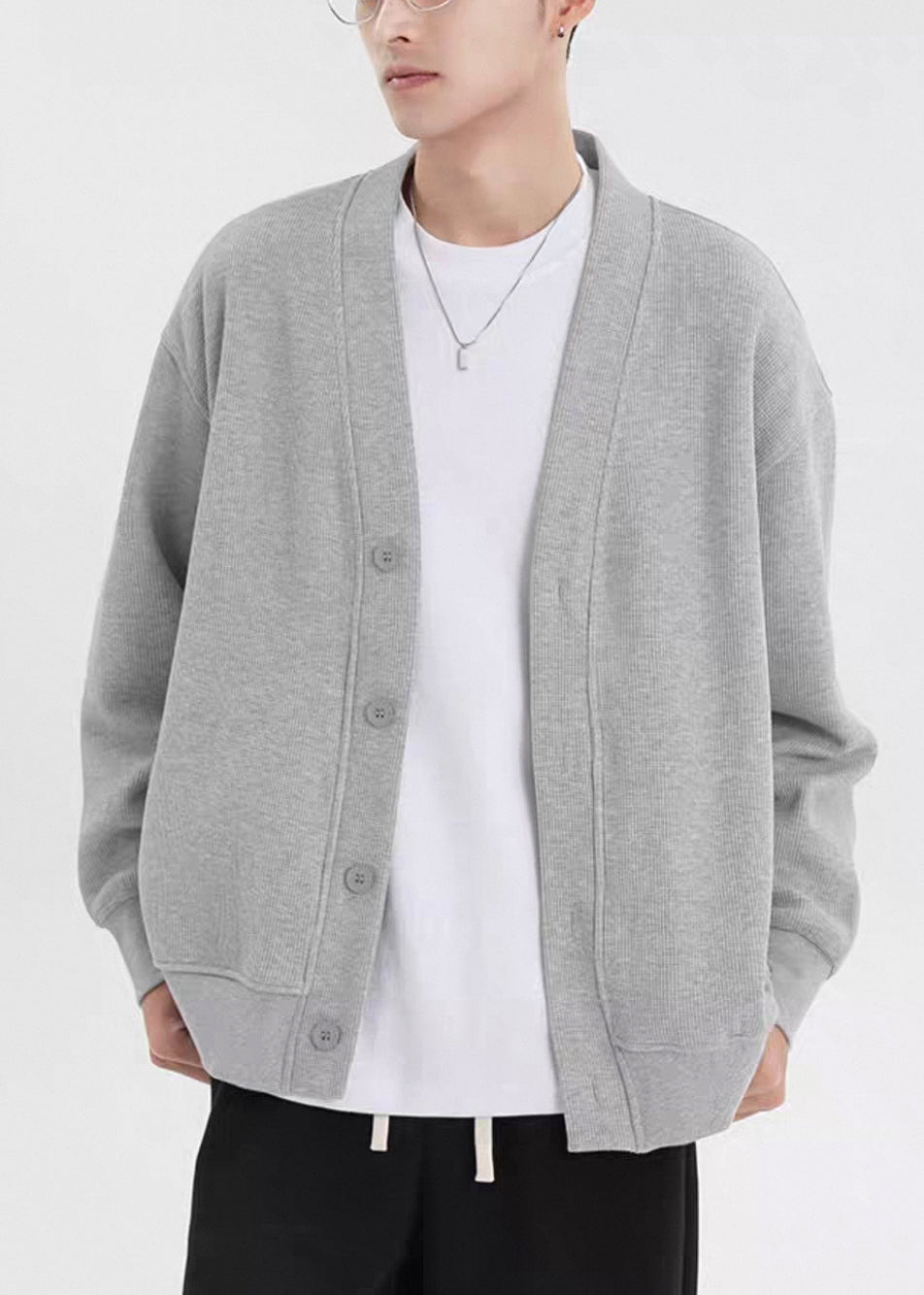 Grey Button Oversized Cotton Cardigan Men Casual Clothing V Neck