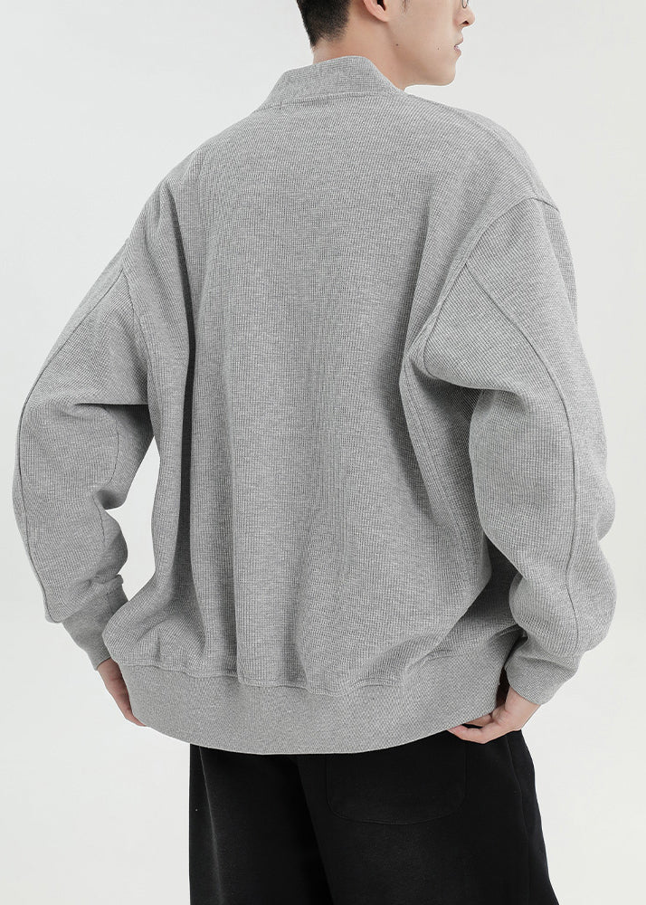 Grey Button Oversized Cotton Cardigan Men Casual Clothing V Neck