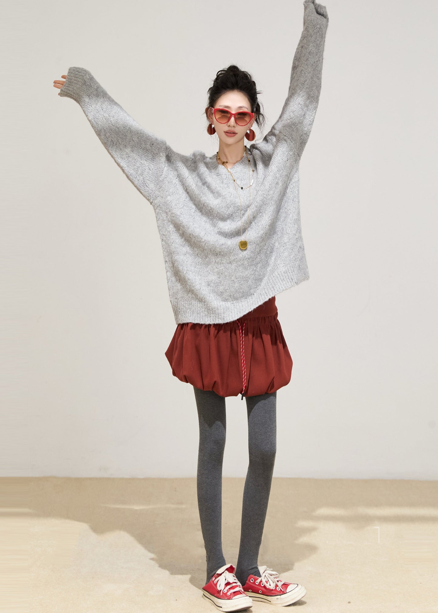 Graue, kuschelige Strickpullover-Tops, Oversized, Winter