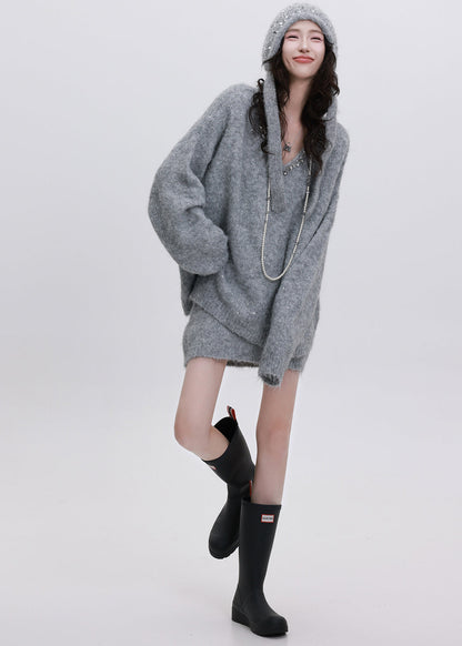 Conjunto de dos piezas de punto acogedor gris para mujer, ropa de invierno con lentejuelas