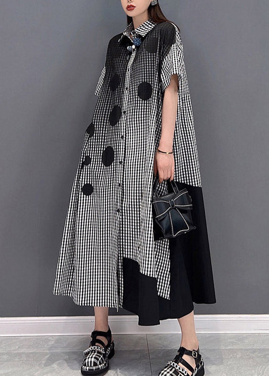 Graues Patchwork-Langes Kleid mit Punktdruck, locker, faltig, kurze Ärmel