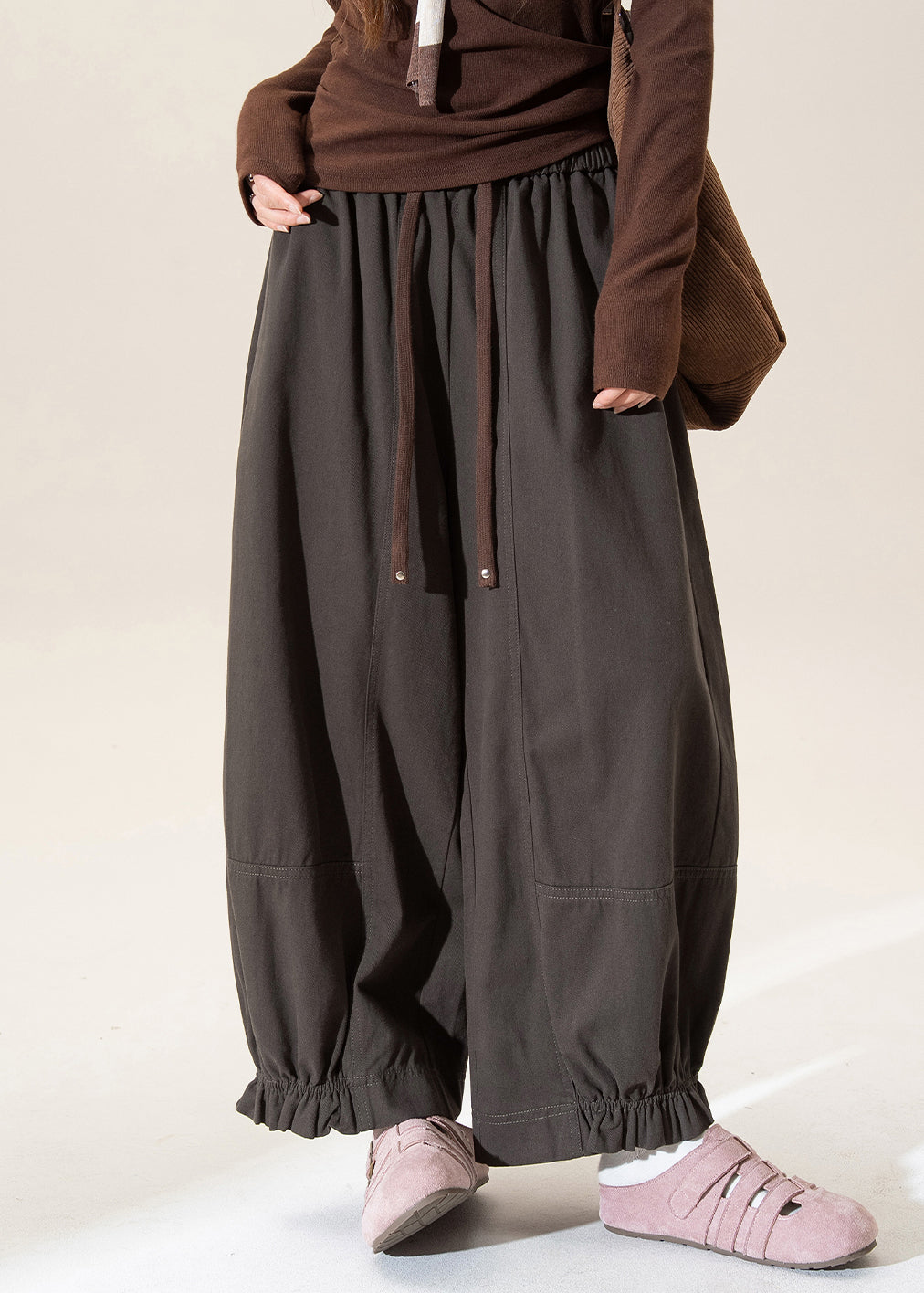 Grey Elastic Waist Tie Waist Lantern Pants Spring