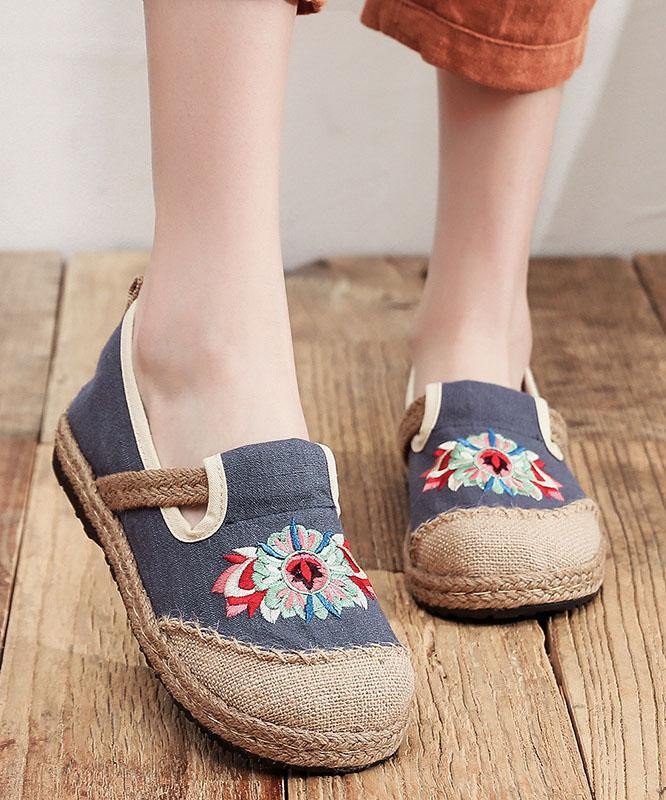 Grey Embroideried Flats Cotton Linen Fabric Boutique  Flat Feet Shoes - SooLinen