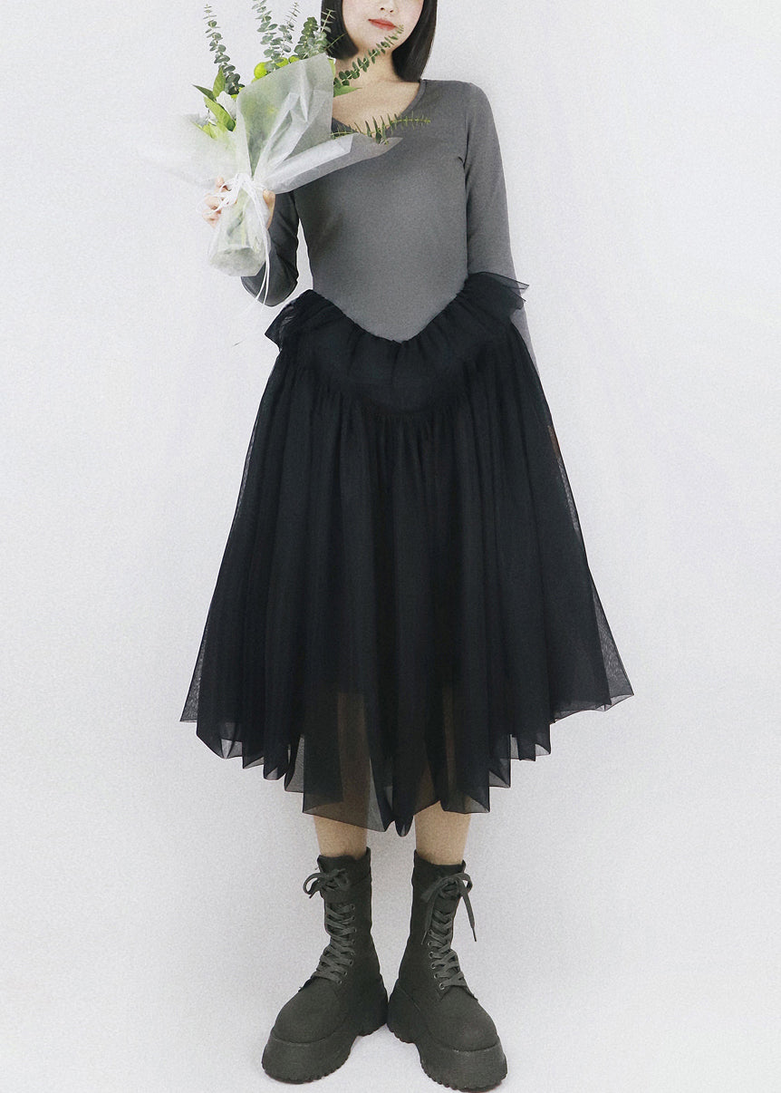 Grey False Two Pieces Tulle Patchwork Cotton Fall Dresses V Neck