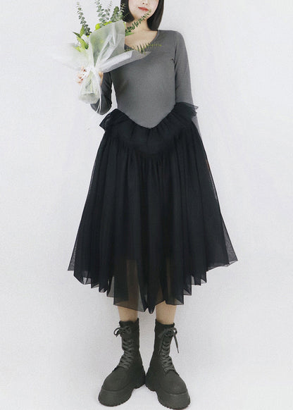 Grey False Two Pieces Tulle Patchwork Cotton Fall Dresses V Neck