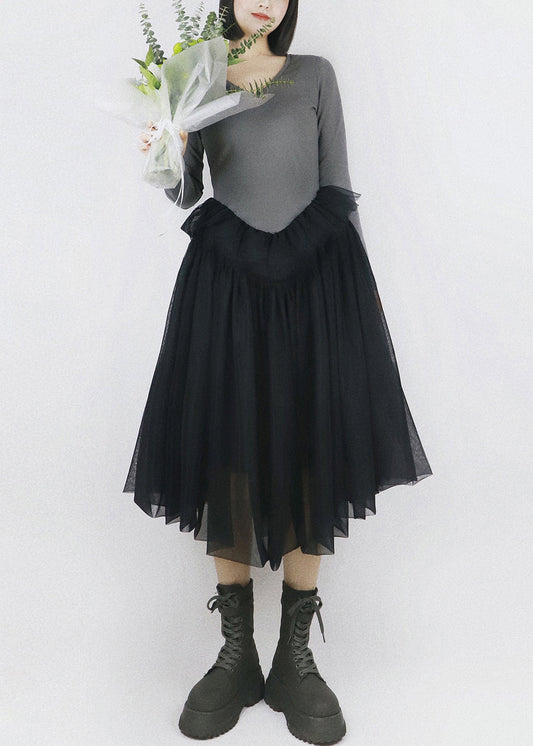 Grey False Two Pieces Tulle Patchwork Cotton Fall Dresses V Neck