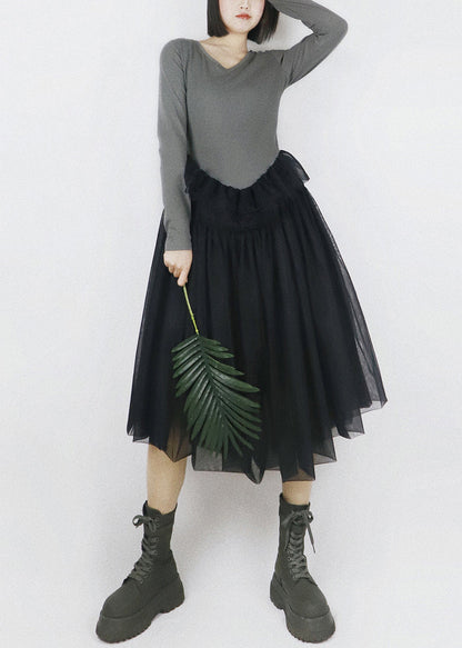 Grey False Two Pieces Tulle Patchwork Cotton Fall Dresses V Neck