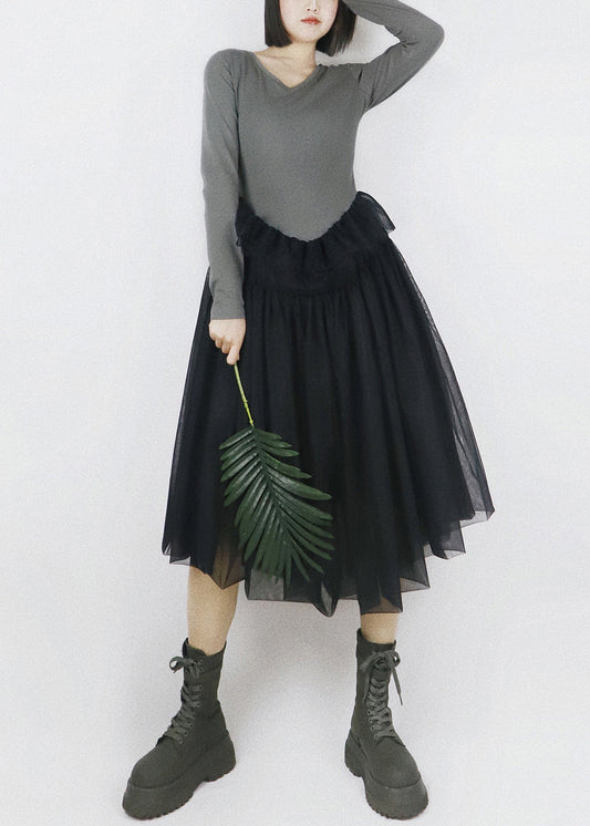 Grey False Two Pieces Tulle Patchwork Cotton Fall Dresses V Neck