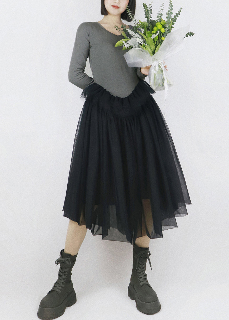 Grey False Two Pieces Tulle Patchwork Cotton Fall Dresses V Neck