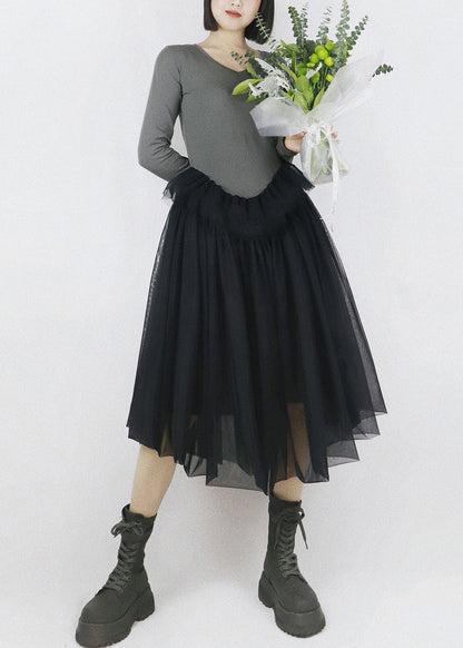 Grey False Two Pieces Tulle Patchwork Cotton Fall Dresses V Neck