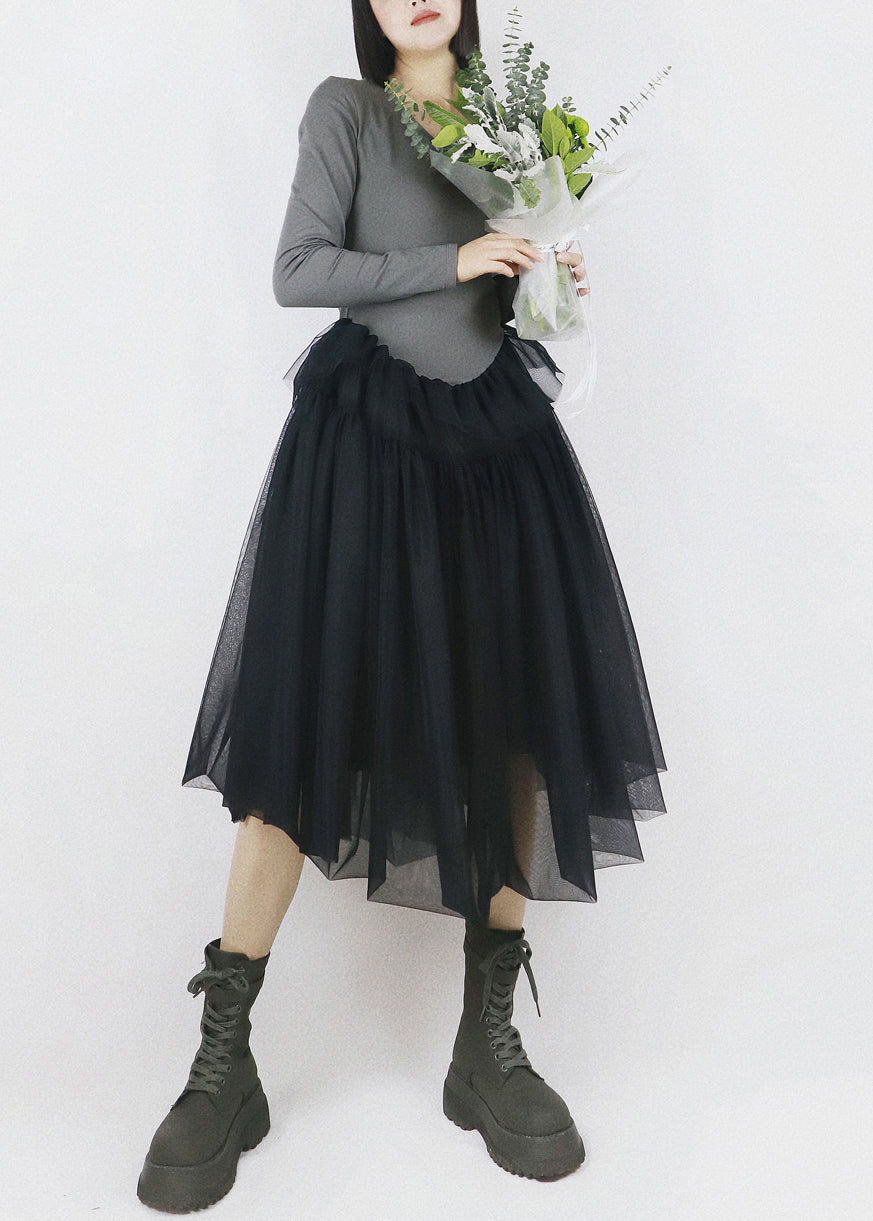 Grey False Two Pieces Tulle Patchwork Cotton Fall Dresses V Neck