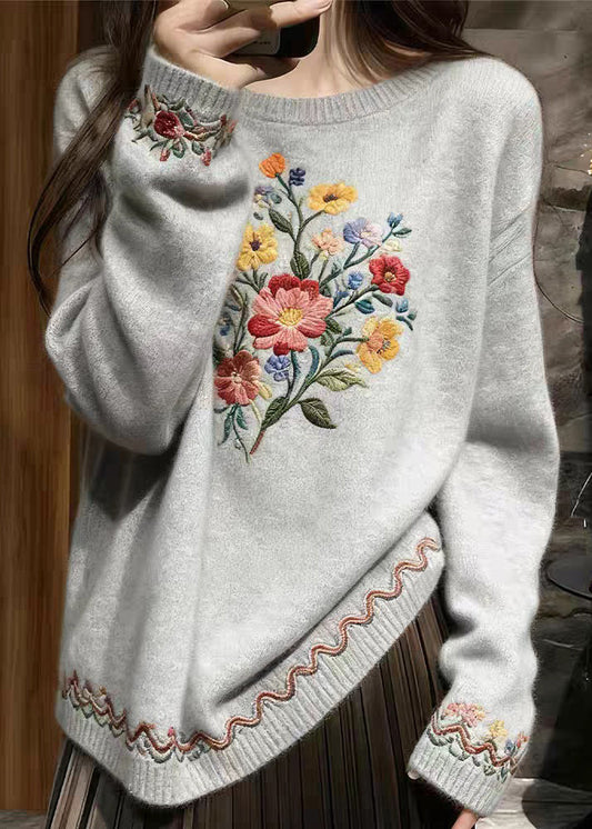 Grey Floral Cozy Knit Sweater O-Neck Spring