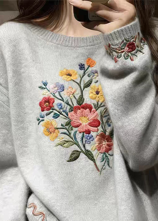 Grey Floral Cozy Knit Sweater O-Neck Spring
