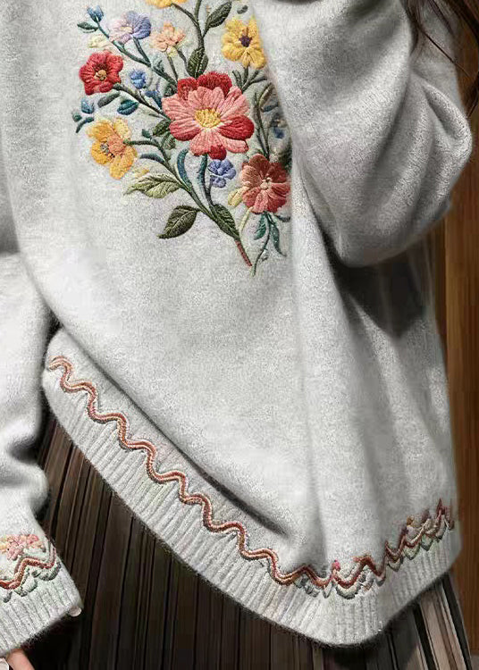 Grey Floral Cozy Knit Sweater O-Neck Spring