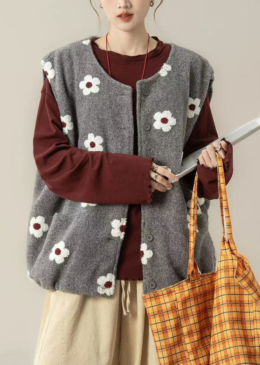 Chalecos holgados de algodón con estampado floral gris de gran tamaño para invierno