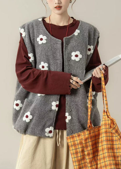Chalecos holgados de algodón con estampado floral gris de gran tamaño para invierno