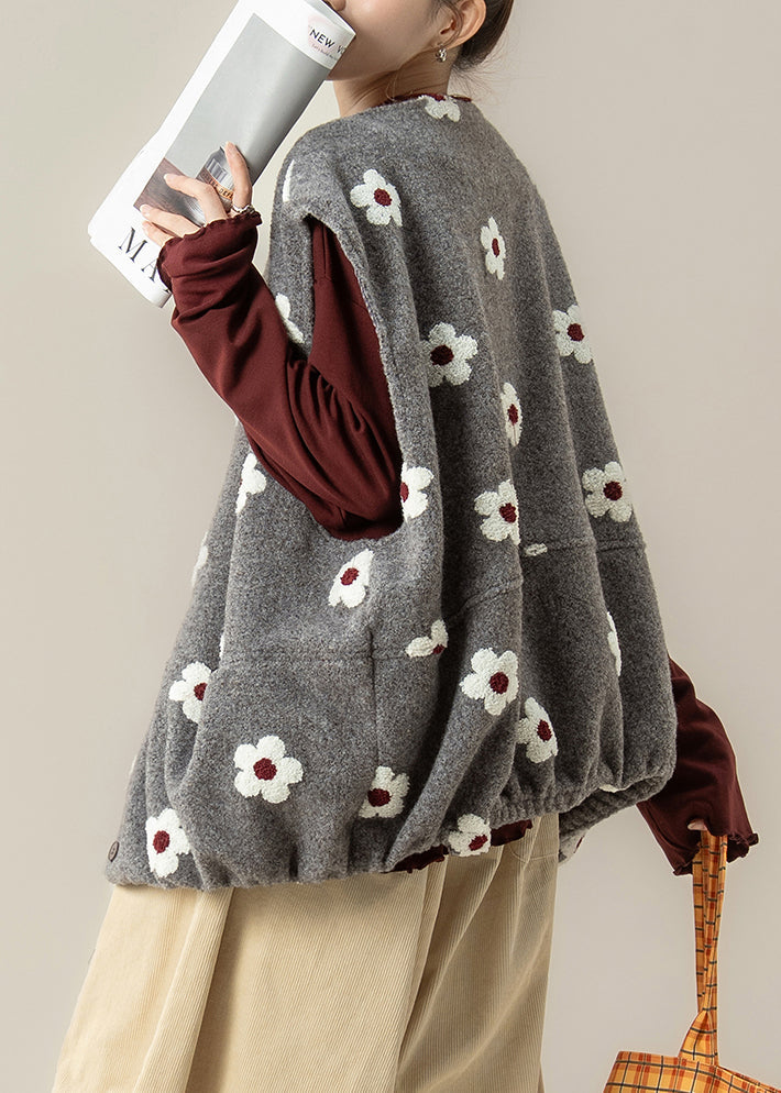 Chalecos holgados de algodón con estampado floral gris de gran tamaño para invierno