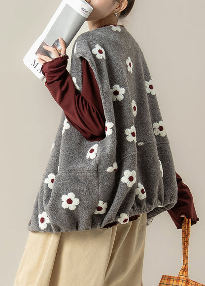 Chalecos holgados de algodón con estampado floral gris de gran tamaño para invierno