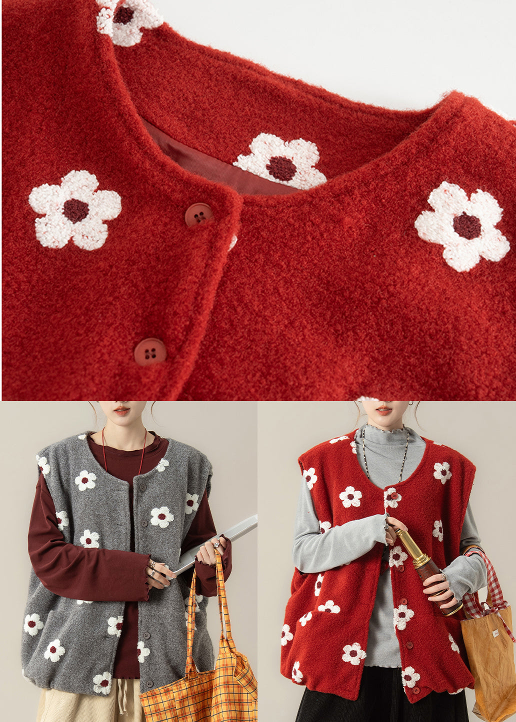 Chalecos holgados de algodón con estampado floral gris de gran tamaño para invierno