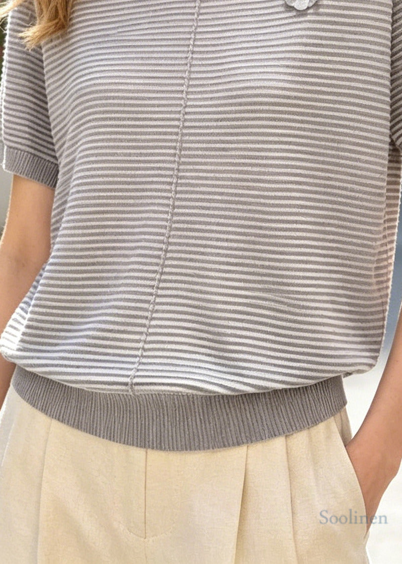 Grey Flower Knit Shirts O-Neck Wrinkled Summer