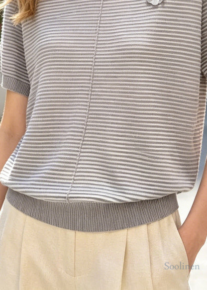 Grey Flower Knit Shirts O-Neck Wrinkled Summer