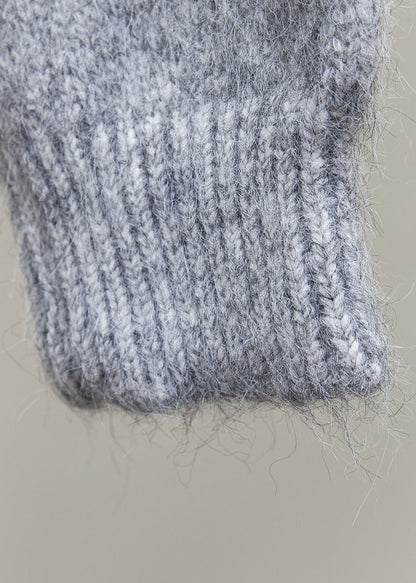 Grauer Fuchskragen Patchwork-Strickpullover mit Kapuze