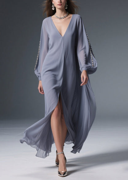 Grey Front Open Solid Chiffon Long Dresses V Neck Spring