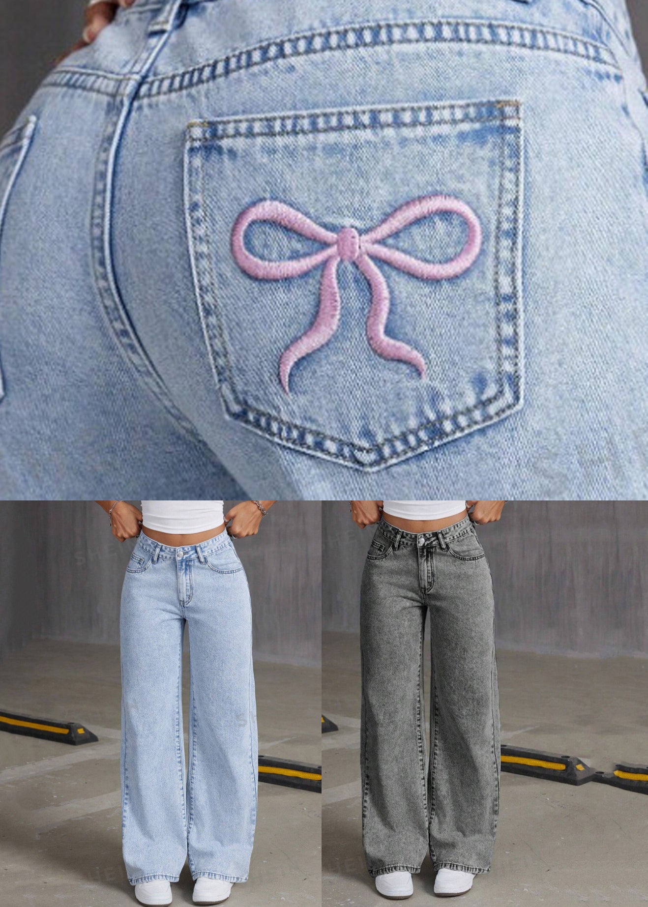 Pantalón vaquero gris de cintura alta, liso, de pierna ancha