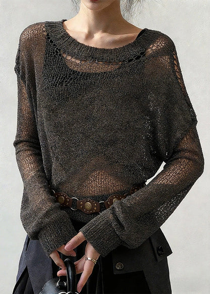 Grey Hollow Out Thin Knit Sweater O-Neck Spring