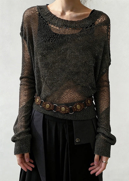 Grey Hollow Out Thin Knit Sweater O-Neck Spring
