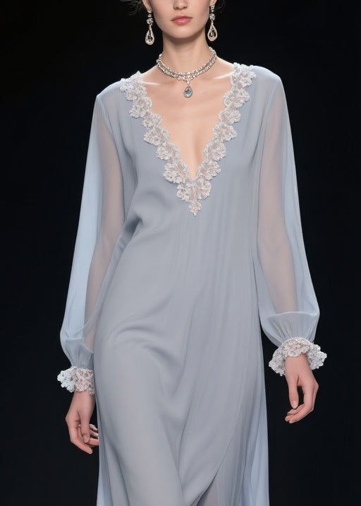 Grey Lace Solid Chiffon Long Dress V Neck Butterfly Sleeve